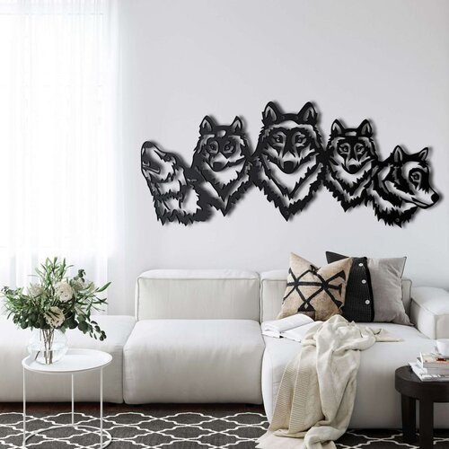 Wallxpert metalni zidni ukras 5134, glave pet vukova u nizu, 76 x 31 cm, crni Cene