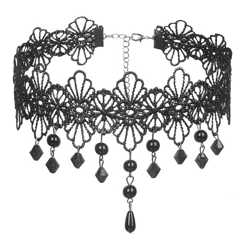 SuperLove Sexy Hollow Lace Floral Bead Pendant Choker Black Cene