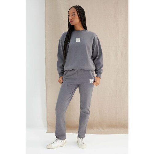 Trendyol Anthracite More Sustainable Fleece Interior Straight Fit Patchwork Knitted Sweatpants Cene
