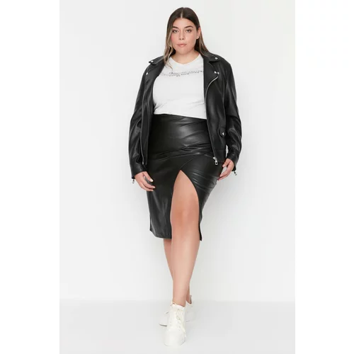 Trendyol Curve Black Faux Leather Slit Pencil Skirt