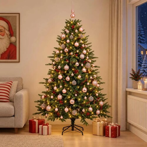 Umjetno božićno drvce s kuglicom 210 cm 300 LED lampica - Zelena 210 cm s LED-ima i ružičastim lopticama Slike