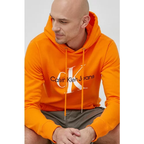 Calvin Klein Jeans Bombažen pulover moška, oranžna barva, s kapuco