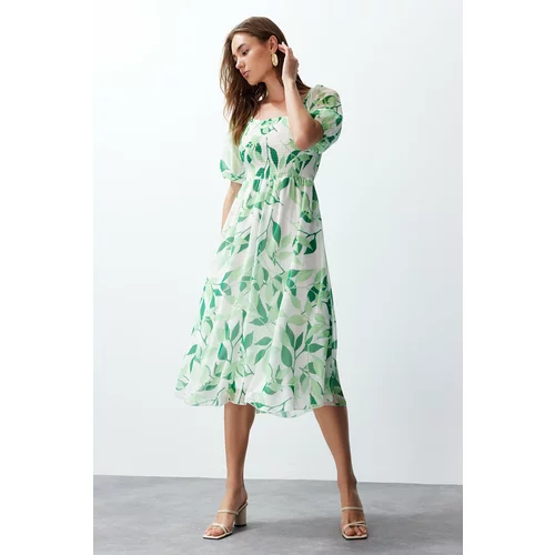 Trendyol Green Waist Opening Square Collar Midi Woven Chiffon Lining Dress