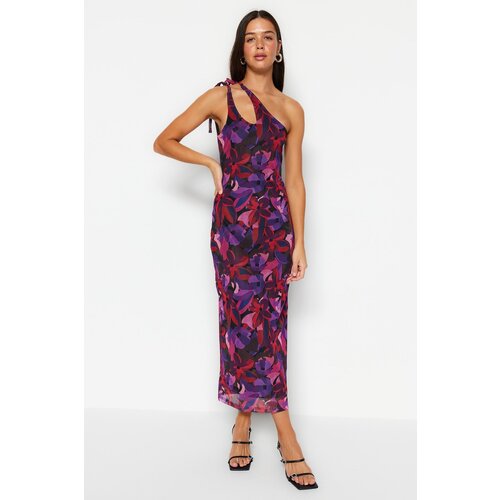 Trendyol Multicolored Asymmetrical Collar Tulle Lined, Fitted Maxi Dress Slike