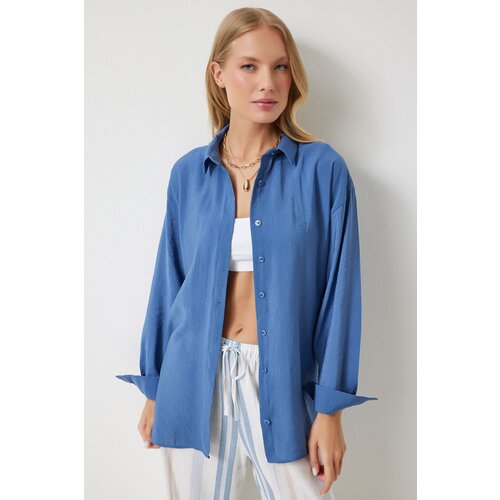 Women's Indigo Blue Oversize Long Linen Ayrobin Shirt Slike