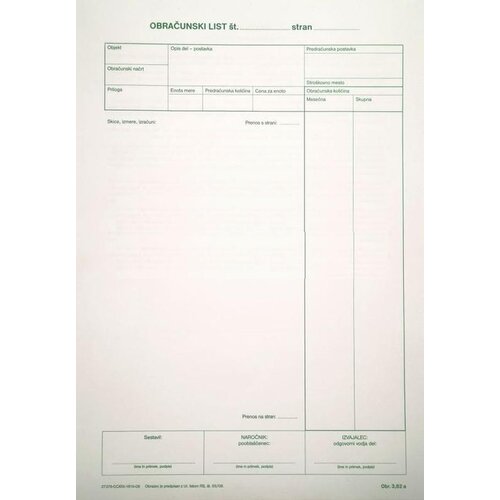  Obrazec 3,82 knjiga obračunskih izmer-obračunski list ALEA Cene