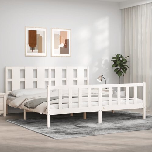 The Living Store Posteljni okvir z vzglavjem bel 200x200 cm trden les - Posteljni Okvir, (21529418) Slike