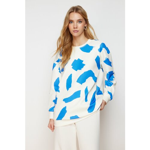 Trendyol White-Blue Patterned Crew Neck Scuba Knitted Sweatshirt Cene