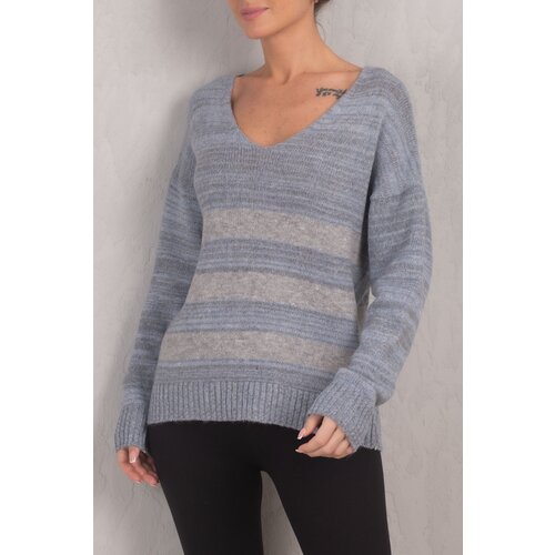 armonika Women's Light Blue Lily V-Neck Striped Knitwear Sweater Cene