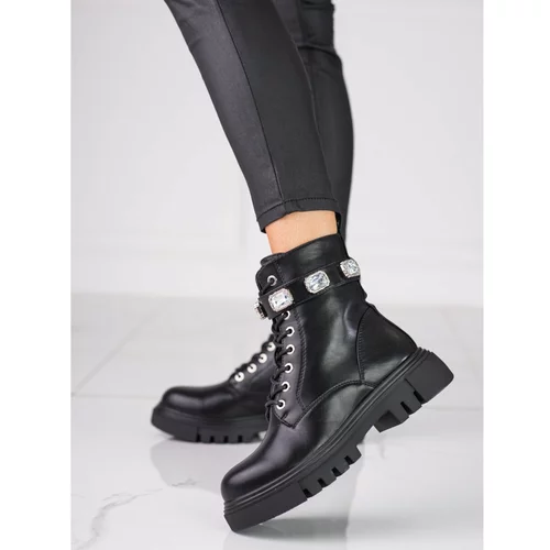 SHELOVET Black women's ankle boots with rhinestones