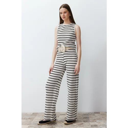 Trendyol Ecru Knitwear Look Striped Straigth/Straight Fit Trousers