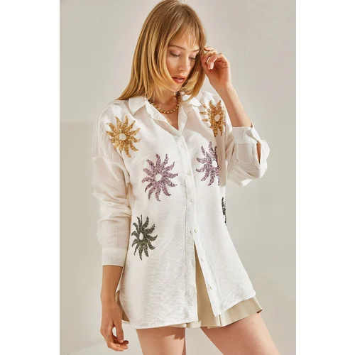 Bianco Lucci Women's White Linen Airobin Sun Patterned Sequin Embroidered Oversize Shirt