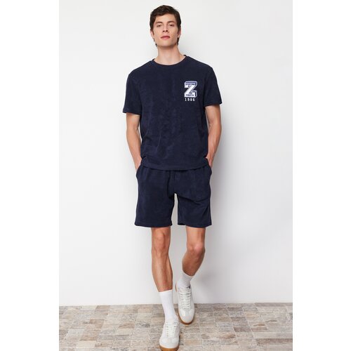 Trendyol Men's Navy Blue Regular Fit Embroidered Terry Fabric Pajamas Set Slike