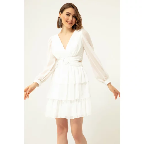 Lafaba Women's White Frilled Decollete Mini Chiffon Evening Dress.
