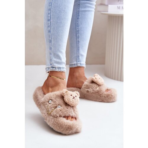 Kesi Women's Furry Slippers With Teddy Bear And Decorative Elements Beige Innalise Slike