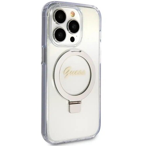  Originalna GUESS Hardcase GUHMP15XHRSGSD torbica za iPhone 15 Pro Max (Magsafe / Glitter Script Logo / stalak za prsten / prozirna) Slike