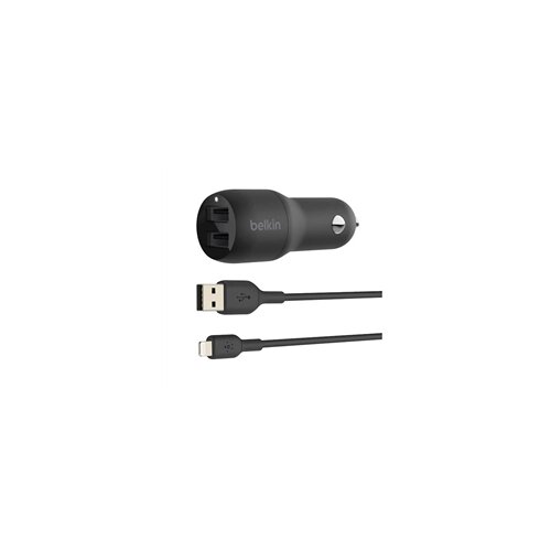 Belkin Punjač za auto + kabal za punjenje USB-A na Apple Lightning, 2 ulaza, 24 W, crni Cijene