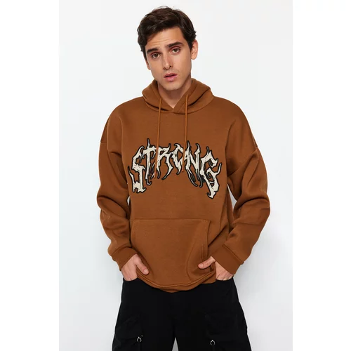 Trendyol Light Brown Men's Oversize/Wide-Cut Fleece Inner Hoodie with Text Embroidered Sweatshirt.