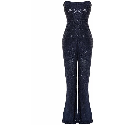 Trendyol Navy Blue Fitted Knitted Shimmery Sequin Sequin Jumpsuit Slike