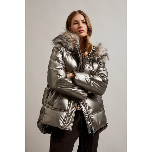 Moodo Women&amp;#039;s metallic jacket with fur hood - beige Slike