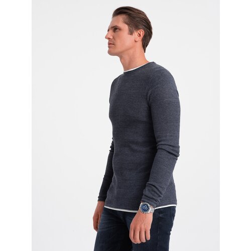 Ombre Men's cotton sweater with round neckline - navy blue melange Cene