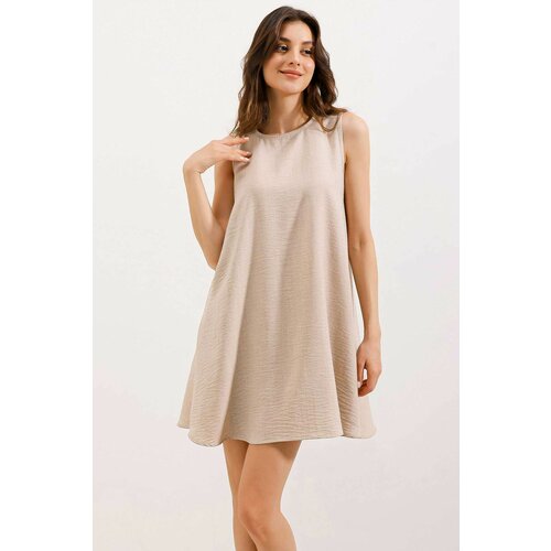 Bigdart 2444 Detailed Mini Linen Dress - Beige Slike