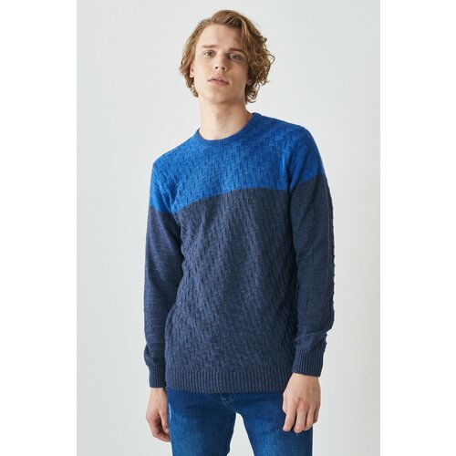 AC&Co / Altınyıldız Classics Men's Sax-Aviator Blue Standard Fit Regular Cut Crew Neck Patterned Wool Knitwear Sweater Slike