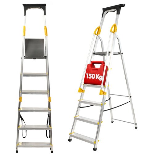 KADAX Aluminijasta gospodinjska lestev, 6 stopnic, zložljiva lestev, ograja, kavelj, 150 kg, (5000346204) Cene