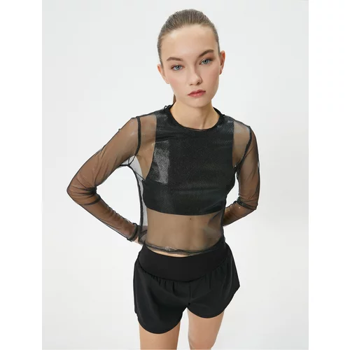 Koton Shiny Tulle Crop T-Shirt Sports Long Sleeve Crew Neck Comfortable Fit