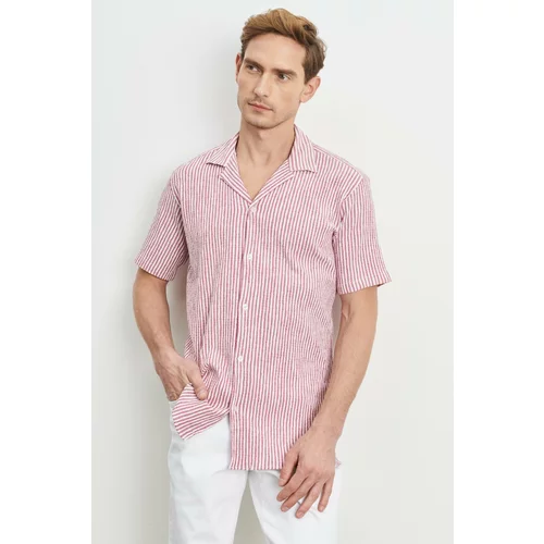 AC&Co / Altınyıldız Classics Men's White-burgundy Comfort Fit Comfy Cut Monocollar See-through Striped Shirt.