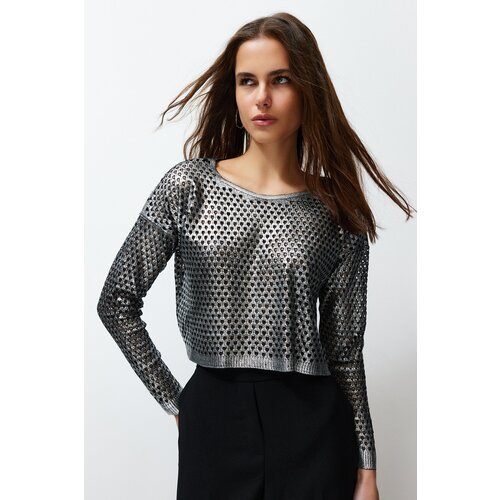 Trendyol Silver Foil Printed Openwork/Perforated Knitwear Sweater Cijene