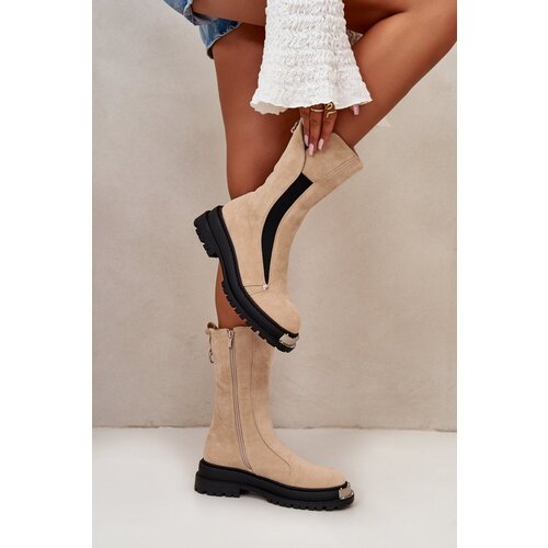 Kesi Suede insulated ankle boots on a flat heel light beige Palimra Slike