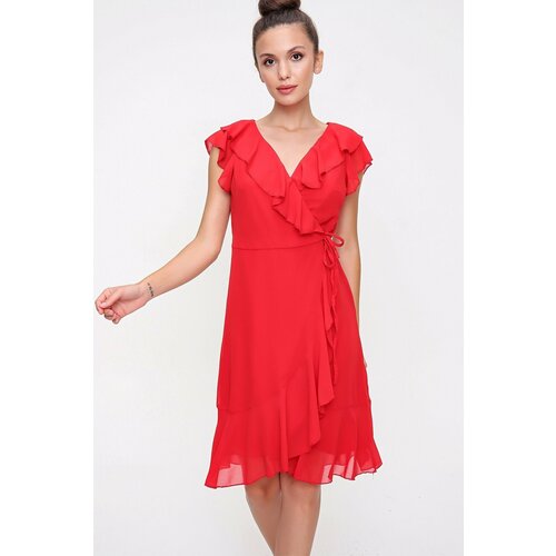 By Saygı Flounce Detailed Lined Wrap Chiffon Dress Red Slike