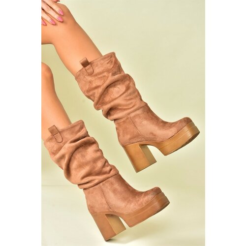 Fox Shoes Tan Women's Suede Thick Heeled Pleated Boots Slike