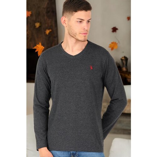 Dewberry T8587 V-NECK MEN'S LONG SLEEVE T-SHIRT-ANTHRACITE-2 Cene