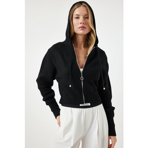 Women's Black Hooded Zipper Knitwear Cardigan Slike