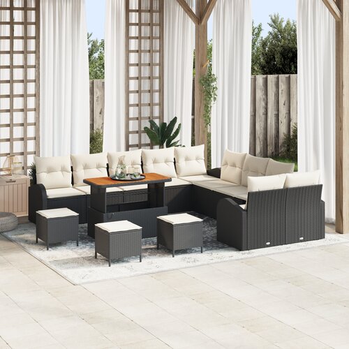 vidaXL 14-dijelni vrtni sofa set s jastučićima Crni Poli Ratan Akacija, 2-sjedalna vrtna sofa s odlaganjem & jastučićima Crna Poli Ratan, 4-dijelni vrtni set za objedovanje s jastučićima Crni Poli Ratan Akacija Cijene