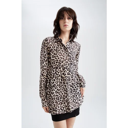 Defacto Loose Fit Shirt Collar Leopard Print Long Sleeve Tunic