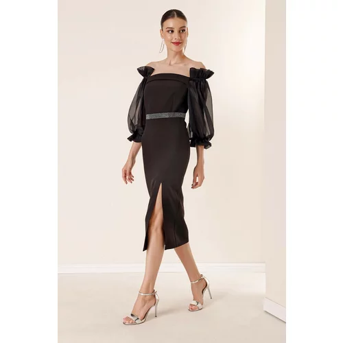 By Saygı Square Collar Organza with a slit in the front and a belted waist dress in Black.