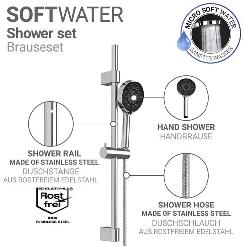 Wenko Tu&amp;scaron; garnitura iz nerjavečega jekla v srebrni barvi z ročno prho/z drsnim nosilcem 70 cm Softwater &amp;ndash; Slike