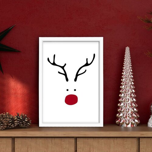 Wallxpert novogodi&amp;scaron;nja uramljena MDF slika 3752CHRCT-007, minimalistički irvas sa crvenim nosom na beloj pozadini, 37 x 52 cm Slike