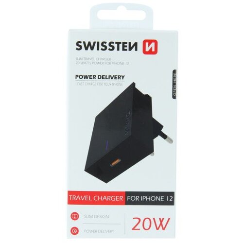 Swissten punjač za AC220/USB-C, 3A, 20W, crni Slike