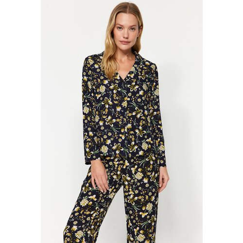 Trendyol Black Floral Pattern Viscose Shirt-Pants Woven Pajamas Set Slike