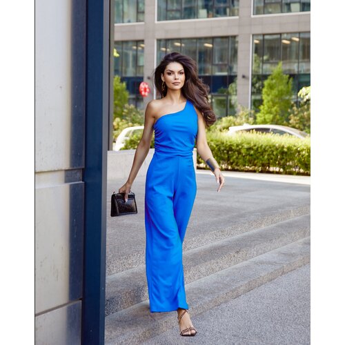 Fasardi Elegant one-shoulder overall with wide legs, cornflower blue Slike