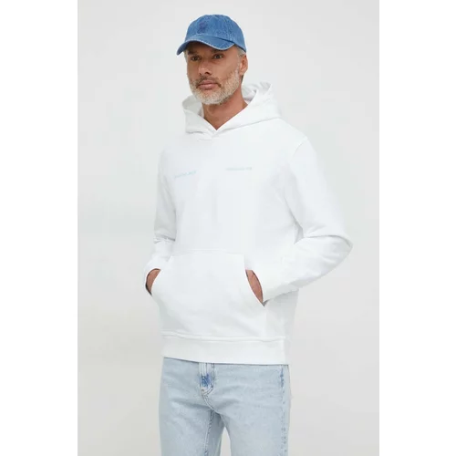 Calvin Klein Jeans Bombažen pulover moška, bela barva, s kapuco