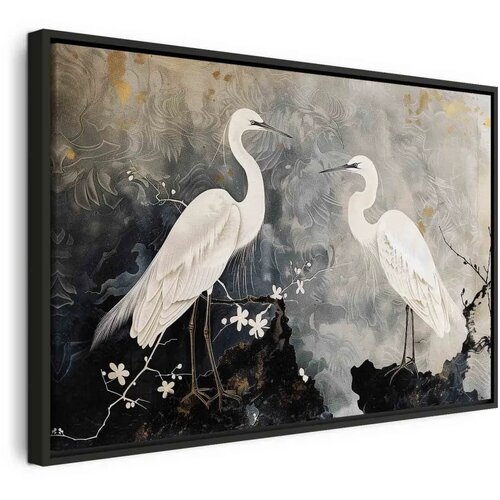  Slika - Herons and cherry blossoms - oriental-style illustration depicting birds 120x80 U crnom drvenom okviru Cene