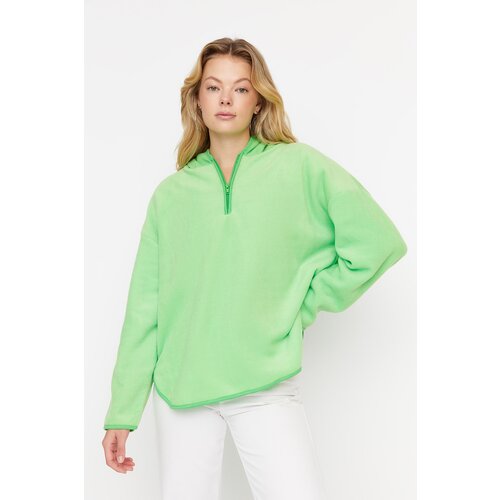 Trendyol Green Thick Fleece Hooded and Zippered Oversized/Wide Knit Sweatshirt Slike