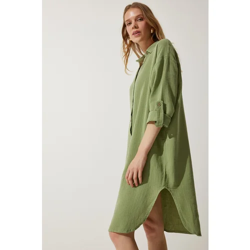 Happiness İstanbul Women's Almond Green Oversize Muslin Shirt Dress