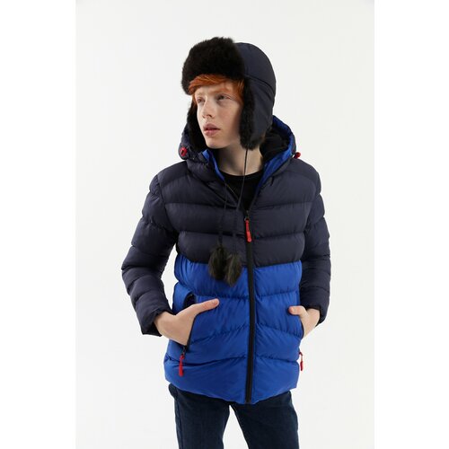 River Club Boy's Water and Windproof Thick Lined Navy Blue Hooded Coat Cene