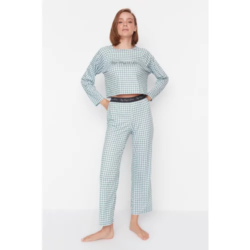 Trendyol Mint Crowbar Pattern Waist Elastic Detailed Knitted Pajamas Set